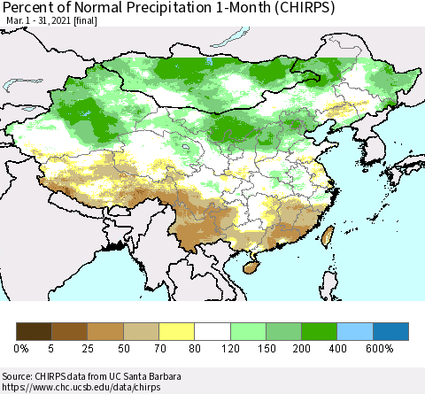 China, Mongolia and Taiwan Percent of Normal Precipitation 1-Month (CHIRPS) Thematic Map For 3/1/2021 - 3/31/2021