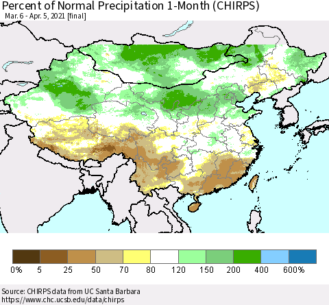 China, Mongolia and Taiwan Percent of Normal Precipitation 1-Month (CHIRPS) Thematic Map For 3/6/2021 - 4/5/2021
