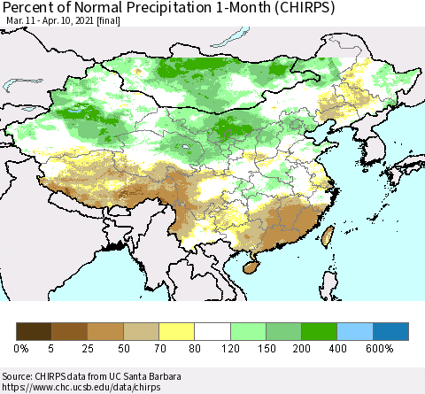 China, Mongolia and Taiwan Percent of Normal Precipitation 1-Month (CHIRPS) Thematic Map For 3/11/2021 - 4/10/2021
