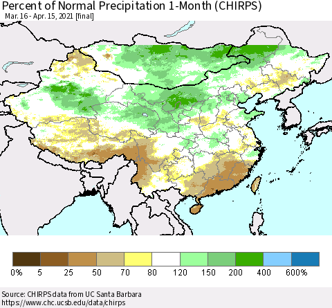 China, Mongolia and Taiwan Percent of Normal Precipitation 1-Month (CHIRPS) Thematic Map For 3/16/2021 - 4/15/2021