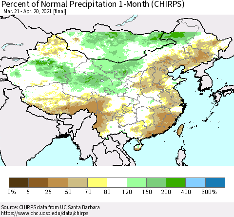 China, Mongolia and Taiwan Percent of Normal Precipitation 1-Month (CHIRPS) Thematic Map For 3/21/2021 - 4/20/2021