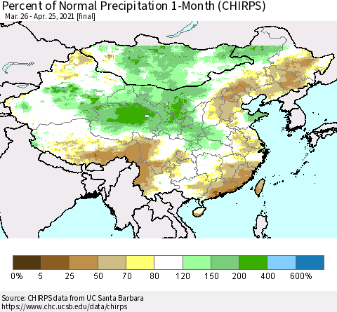 China, Mongolia and Taiwan Percent of Normal Precipitation 1-Month (CHIRPS) Thematic Map For 3/26/2021 - 4/25/2021