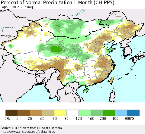 China, Mongolia and Taiwan Percent of Normal Precipitation 1-Month (CHIRPS) Thematic Map For 4/1/2021 - 4/30/2021
