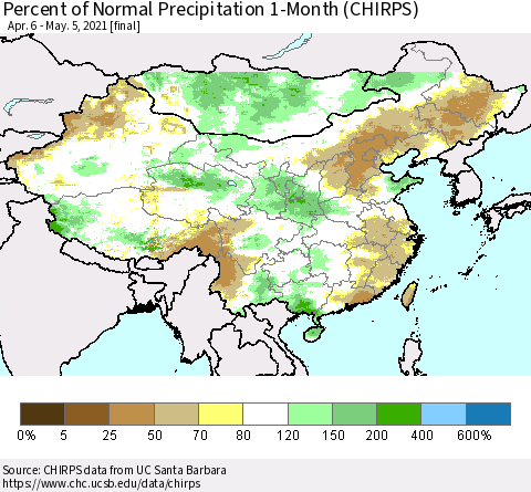 China, Mongolia and Taiwan Percent of Normal Precipitation 1-Month (CHIRPS) Thematic Map For 4/6/2021 - 5/5/2021