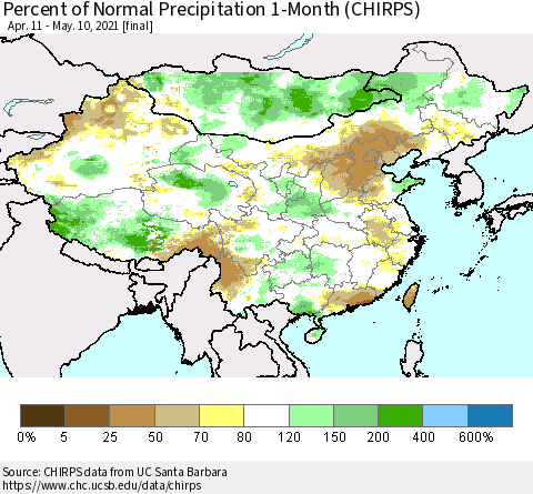 China, Mongolia and Taiwan Percent of Normal Precipitation 1-Month (CHIRPS) Thematic Map For 4/11/2021 - 5/10/2021