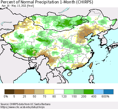 China, Mongolia and Taiwan Percent of Normal Precipitation 1-Month (CHIRPS) Thematic Map For 4/16/2021 - 5/15/2021