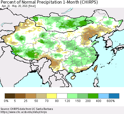 China, Mongolia and Taiwan Percent of Normal Precipitation 1-Month (CHIRPS) Thematic Map For 4/21/2021 - 5/20/2021