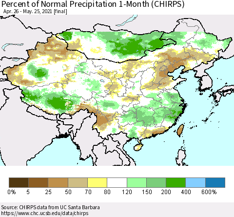 China, Mongolia and Taiwan Percent of Normal Precipitation 1-Month (CHIRPS) Thematic Map For 4/26/2021 - 5/25/2021