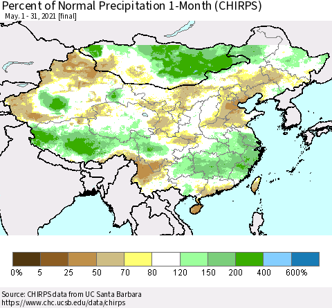 China, Mongolia and Taiwan Percent of Normal Precipitation 1-Month (CHIRPS) Thematic Map For 5/1/2021 - 5/31/2021
