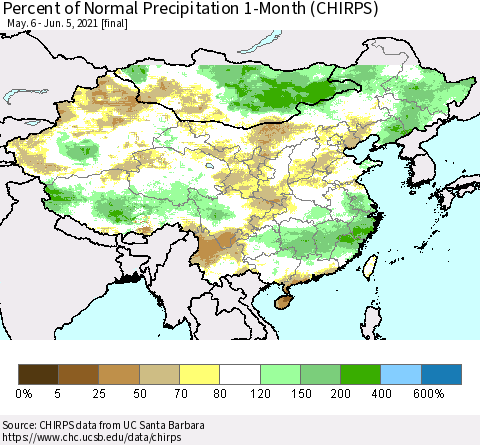 China, Mongolia and Taiwan Percent of Normal Precipitation 1-Month (CHIRPS) Thematic Map For 5/6/2021 - 6/5/2021