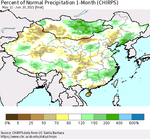 China, Mongolia and Taiwan Percent of Normal Precipitation 1-Month (CHIRPS) Thematic Map For 5/11/2021 - 6/10/2021