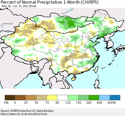 China, Mongolia and Taiwan Percent of Normal Precipitation 1-Month (CHIRPS) Thematic Map For 5/16/2021 - 6/15/2021