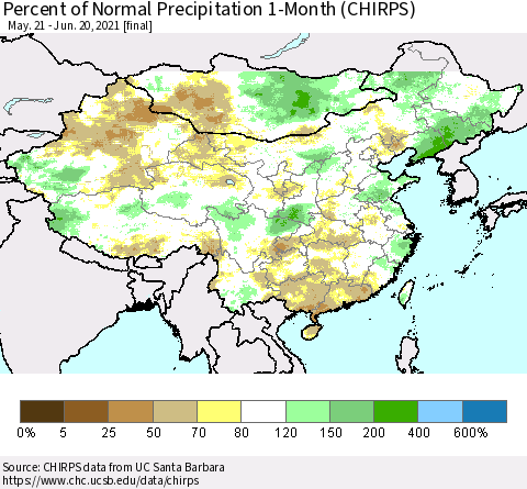 China, Mongolia and Taiwan Percent of Normal Precipitation 1-Month (CHIRPS) Thematic Map For 5/21/2021 - 6/20/2021