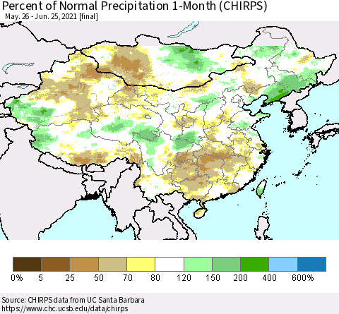 China, Mongolia and Taiwan Percent of Normal Precipitation 1-Month (CHIRPS) Thematic Map For 5/26/2021 - 6/25/2021