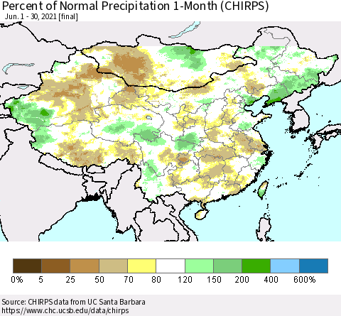 China, Mongolia and Taiwan Percent of Normal Precipitation 1-Month (CHIRPS) Thematic Map For 6/1/2021 - 6/30/2021