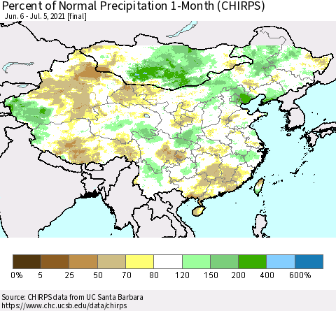 China, Mongolia and Taiwan Percent of Normal Precipitation 1-Month (CHIRPS) Thematic Map For 6/6/2021 - 7/5/2021