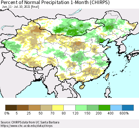 China, Mongolia and Taiwan Percent of Normal Precipitation 1-Month (CHIRPS) Thematic Map For 6/11/2021 - 7/10/2021