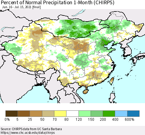 China, Mongolia and Taiwan Percent of Normal Precipitation 1-Month (CHIRPS) Thematic Map For 6/16/2021 - 7/15/2021