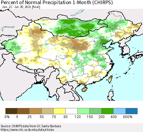 China, Mongolia and Taiwan Percent of Normal Precipitation 1-Month (CHIRPS) Thematic Map For 6/21/2021 - 7/20/2021