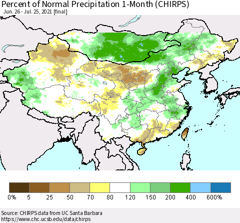China, Mongolia and Taiwan Percent of Normal Precipitation 1-Month (CHIRPS) Thematic Map For 6/26/2021 - 7/25/2021