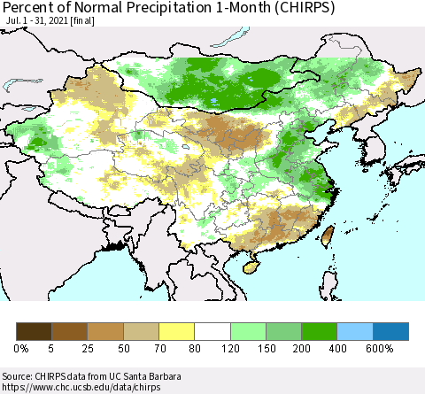 China, Mongolia and Taiwan Percent of Normal Precipitation 1-Month (CHIRPS) Thematic Map For 7/1/2021 - 7/31/2021