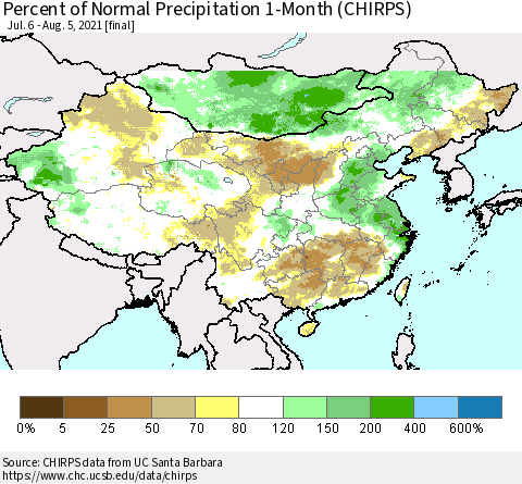 China, Mongolia and Taiwan Percent of Normal Precipitation 1-Month (CHIRPS) Thematic Map For 7/6/2021 - 8/5/2021