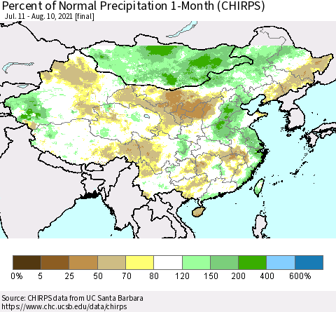 China, Mongolia and Taiwan Percent of Normal Precipitation 1-Month (CHIRPS) Thematic Map For 7/11/2021 - 8/10/2021