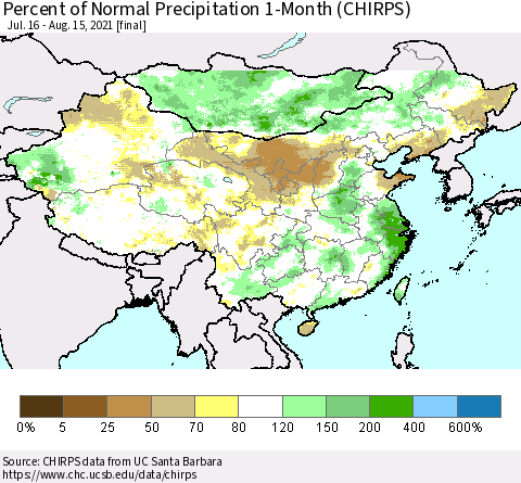 China, Mongolia and Taiwan Percent of Normal Precipitation 1-Month (CHIRPS) Thematic Map For 7/16/2021 - 8/15/2021