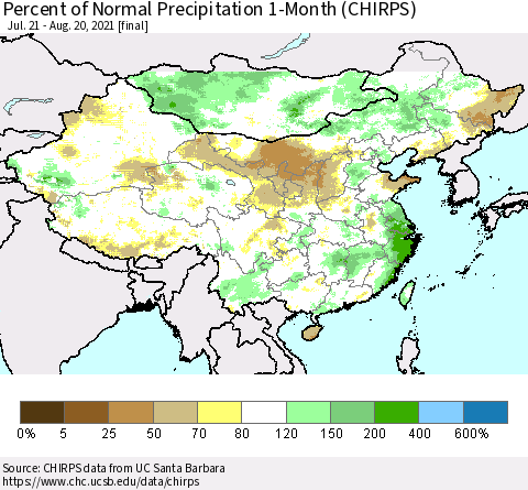 China, Mongolia and Taiwan Percent of Normal Precipitation 1-Month (CHIRPS) Thematic Map For 7/21/2021 - 8/20/2021