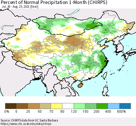 China, Mongolia and Taiwan Percent of Normal Precipitation 1-Month (CHIRPS) Thematic Map For 7/26/2021 - 8/25/2021