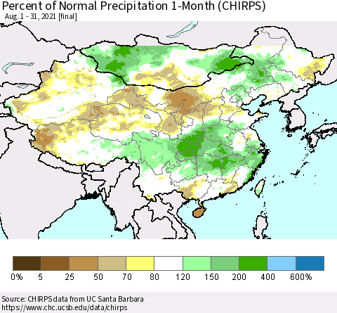 China, Mongolia and Taiwan Percent of Normal Precipitation 1-Month (CHIRPS) Thematic Map For 8/1/2021 - 8/31/2021