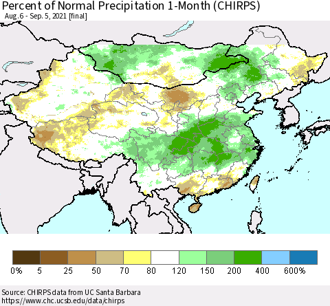 China, Mongolia and Taiwan Percent of Normal Precipitation 1-Month (CHIRPS) Thematic Map For 8/6/2021 - 9/5/2021