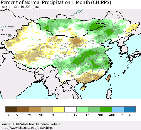 China, Mongolia and Taiwan Percent of Normal Precipitation 1-Month (CHIRPS) Thematic Map For 8/11/2021 - 9/10/2021
