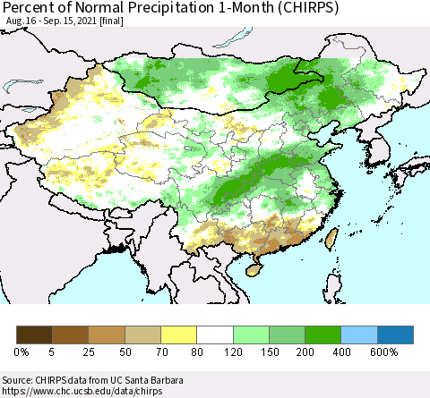 China, Mongolia and Taiwan Percent of Normal Precipitation 1-Month (CHIRPS) Thematic Map For 8/16/2021 - 9/15/2021