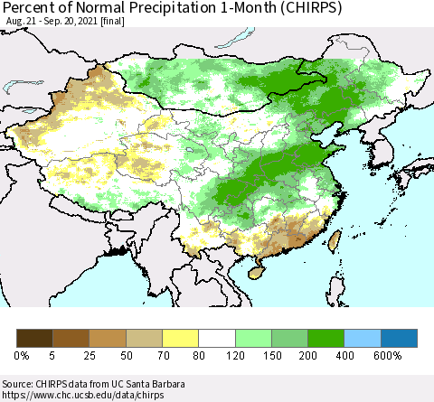 China, Mongolia and Taiwan Percent of Normal Precipitation 1-Month (CHIRPS) Thematic Map For 8/21/2021 - 9/20/2021