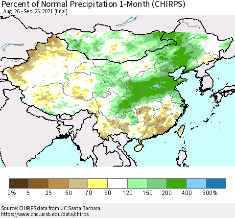 China, Mongolia and Taiwan Percent of Normal Precipitation 1-Month (CHIRPS) Thematic Map For 8/26/2021 - 9/25/2021