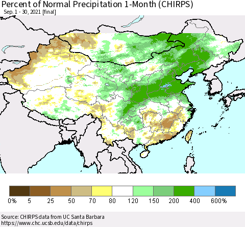 China, Mongolia and Taiwan Percent of Normal Precipitation 1-Month (CHIRPS) Thematic Map For 9/1/2021 - 9/30/2021