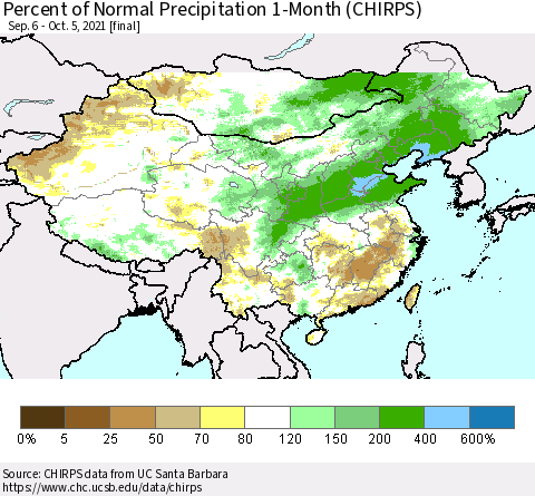China, Mongolia and Taiwan Percent of Normal Precipitation 1-Month (CHIRPS) Thematic Map For 9/6/2021 - 10/5/2021