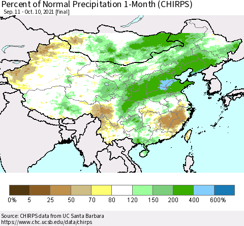 China, Mongolia and Taiwan Percent of Normal Precipitation 1-Month (CHIRPS) Thematic Map For 9/11/2021 - 10/10/2021