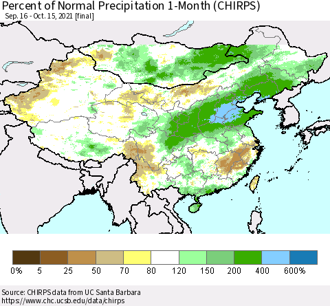China, Mongolia and Taiwan Percent of Normal Precipitation 1-Month (CHIRPS) Thematic Map For 9/16/2021 - 10/15/2021