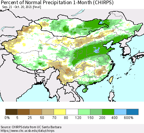 China, Mongolia and Taiwan Percent of Normal Precipitation 1-Month (CHIRPS) Thematic Map For 9/21/2021 - 10/20/2021