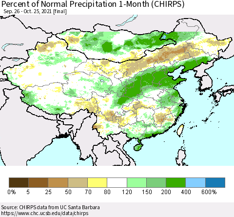 China, Mongolia and Taiwan Percent of Normal Precipitation 1-Month (CHIRPS) Thematic Map For 9/26/2021 - 10/25/2021