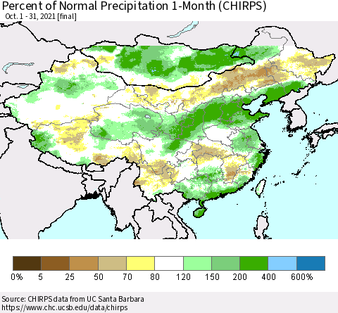 China, Mongolia and Taiwan Percent of Normal Precipitation 1-Month (CHIRPS) Thematic Map For 10/1/2021 - 10/31/2021
