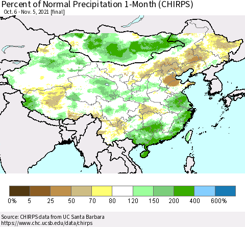 China, Mongolia and Taiwan Percent of Normal Precipitation 1-Month (CHIRPS) Thematic Map For 10/6/2021 - 11/5/2021