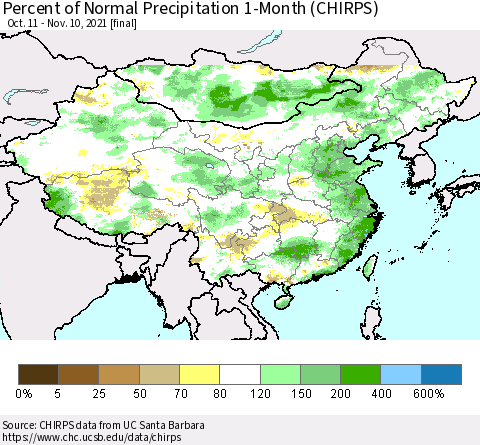 China, Mongolia and Taiwan Percent of Normal Precipitation 1-Month (CHIRPS) Thematic Map For 10/11/2021 - 11/10/2021