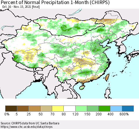 China, Mongolia and Taiwan Percent of Normal Precipitation 1-Month (CHIRPS) Thematic Map For 10/16/2021 - 11/15/2021