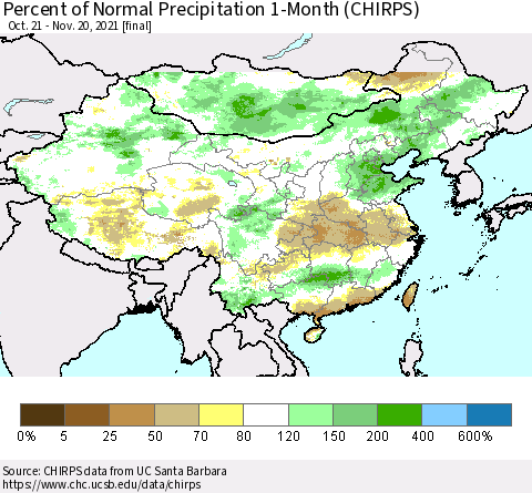 China, Mongolia and Taiwan Percent of Normal Precipitation 1-Month (CHIRPS) Thematic Map For 10/21/2021 - 11/20/2021