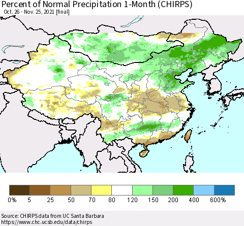 China, Mongolia and Taiwan Percent of Normal Precipitation 1-Month (CHIRPS) Thematic Map For 10/26/2021 - 11/25/2021
