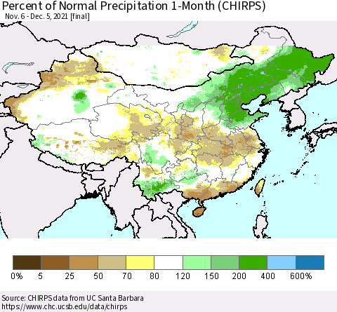 China, Mongolia and Taiwan Percent of Normal Precipitation 1-Month (CHIRPS) Thematic Map For 11/6/2021 - 12/5/2021