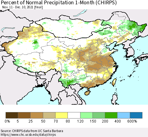 China, Mongolia and Taiwan Percent of Normal Precipitation 1-Month (CHIRPS) Thematic Map For 11/11/2021 - 12/10/2021